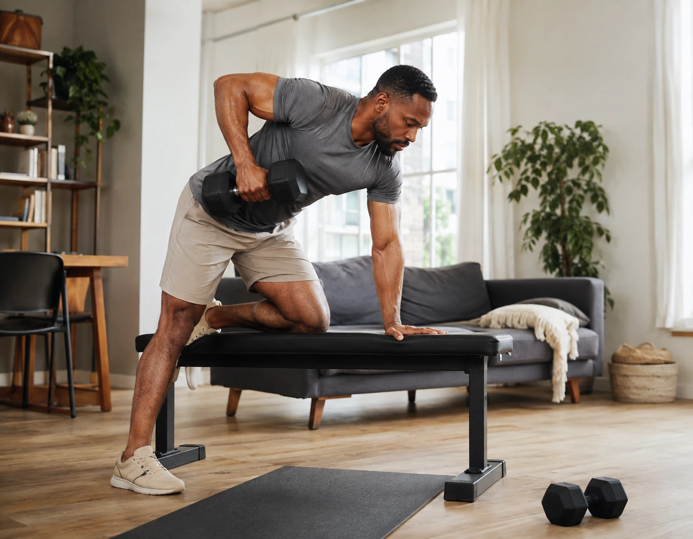 Home workout plan using dumbbells and practical equipment