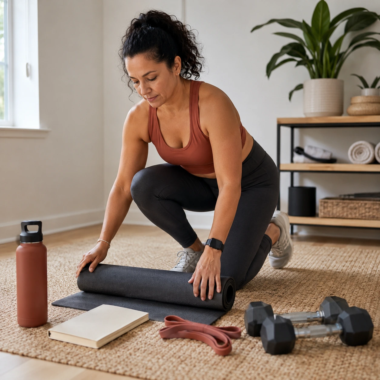 Equipment prepared for a structured weekly workout plan